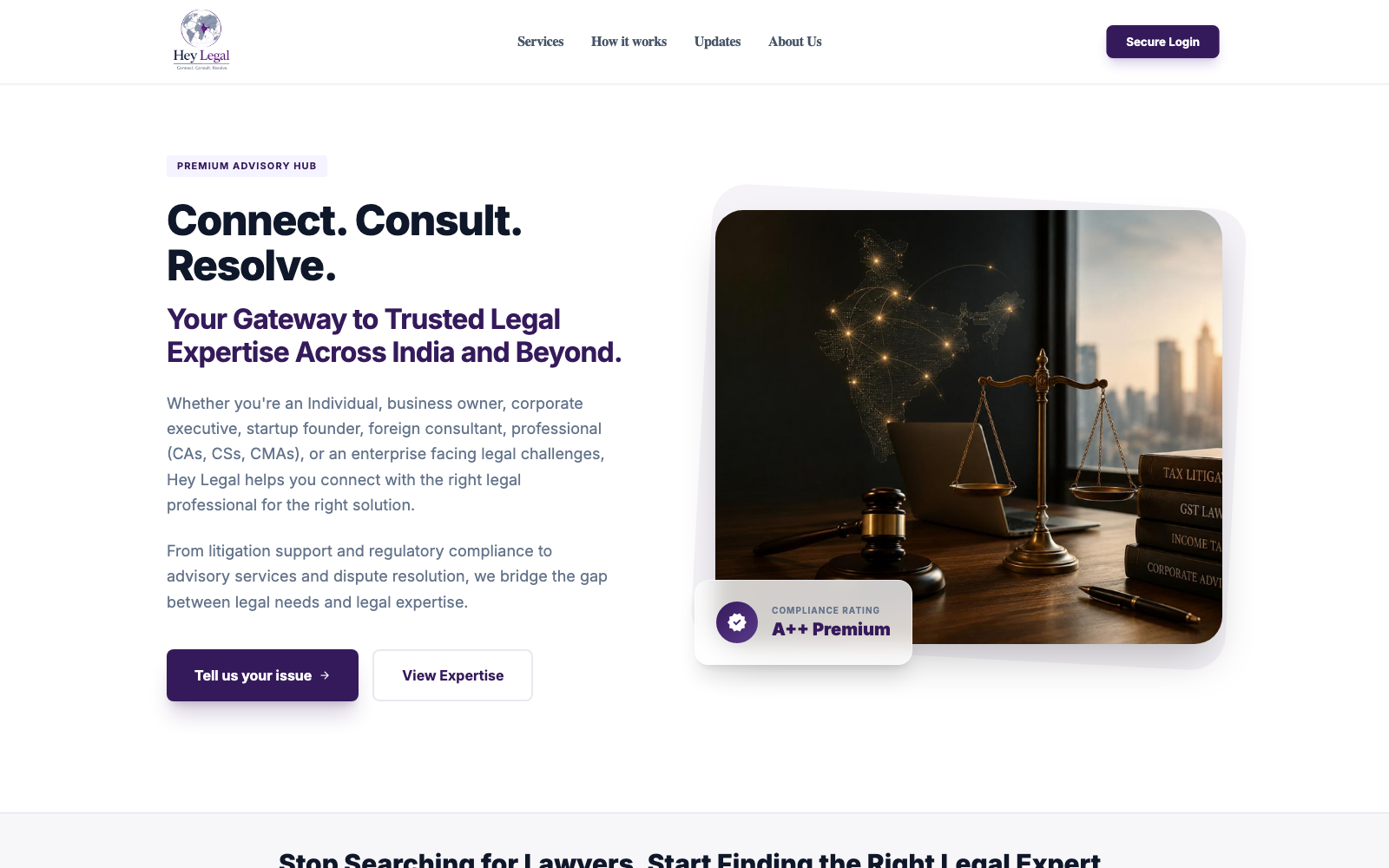 The HeyLegal platform: 'Connect. Consult. Resolve.' — a legal advisory hub.