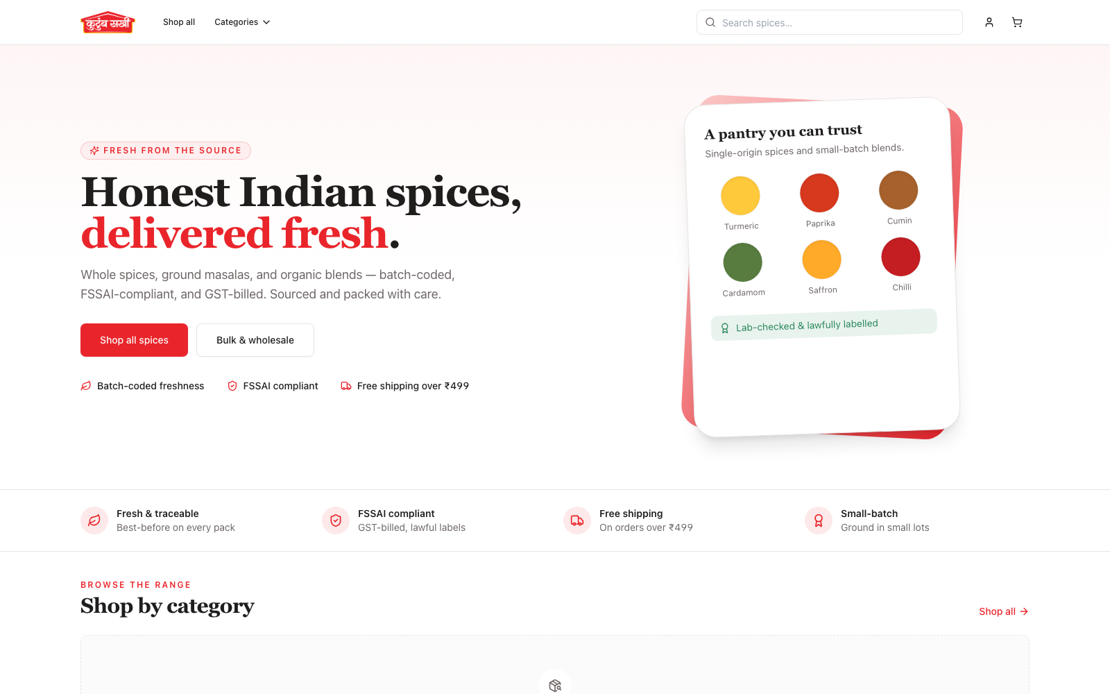 The Kutumb Sakhi storefront: 'Honest Indian spices, delivered fresh.'